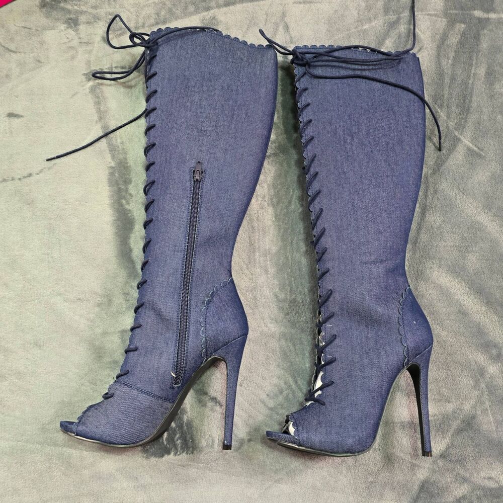 Denim Knee High Boots Size 8.5 | Y2K Festival Statement Heels - Picture 13 of 13
